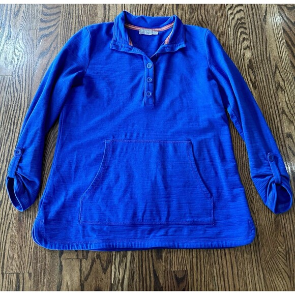 T By Talbots Top Womens Small‎ Petite Blue Pullover Shirt UPF 50 Roll Tab Pocket - Picture 1 of 7